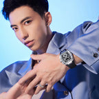 Tonneau watch styled with a light blue shirt