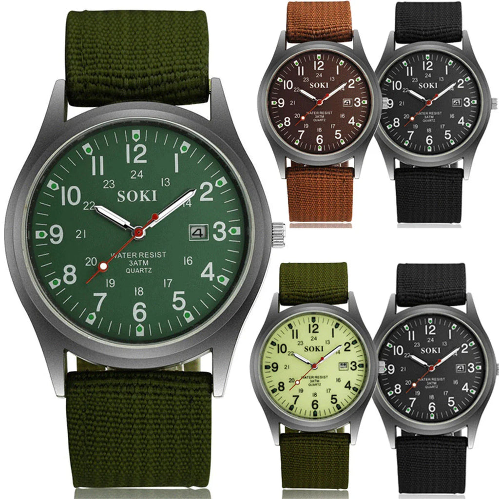 Rugged Field Watch – MilitaryInspired Quartz Watch with Date Display - 24 Hours Dial - Nylon Strap Wrist Watch