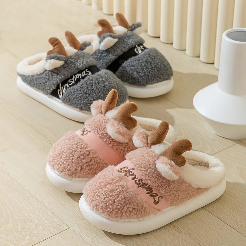 Reindeer Antler Christmas Slippers - Soft Cozy Bedroom Slipper - Slip on House Shoes