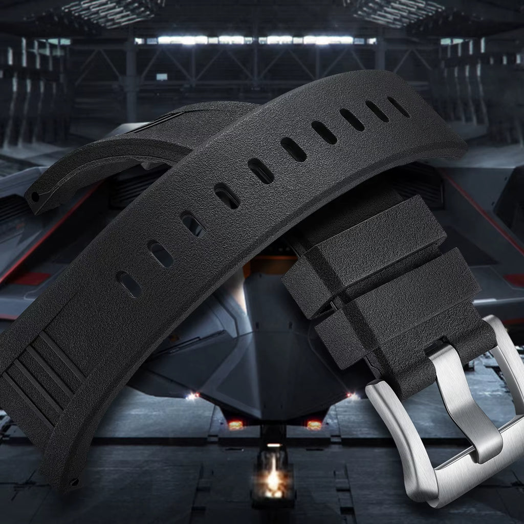 Black watch strap with adjustment holes and buckle