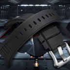 Black watch strap with adjustment holes and buckle