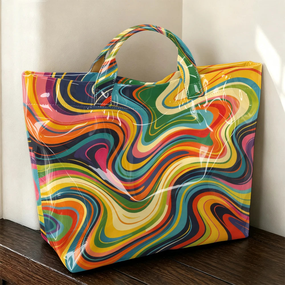 Retro Rainbow Swirl Tote Bag for Women – Psychedelic Marble Print Glossy Large Capacity Handbag with Clear Outer Layer