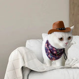 Cat posing in a brown cowboy hat; bandana not included