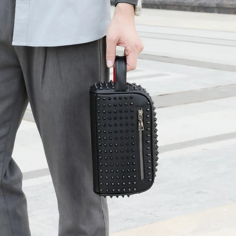 Women’s Punk Rock Studded Clutch Bag – Punk Rivet PU Leather Wristlet Purse, Black Gothic Zipper Handbag & Small Evening Bag