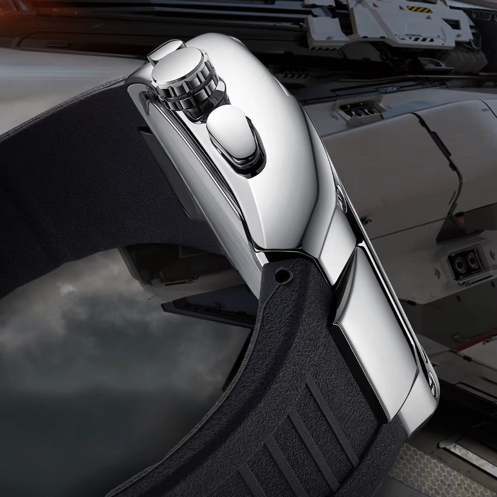Side profile showing the watch crown, pushers and curved case