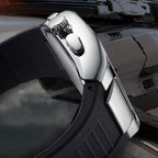 Side profile showing the watch crown, pushers and curved case