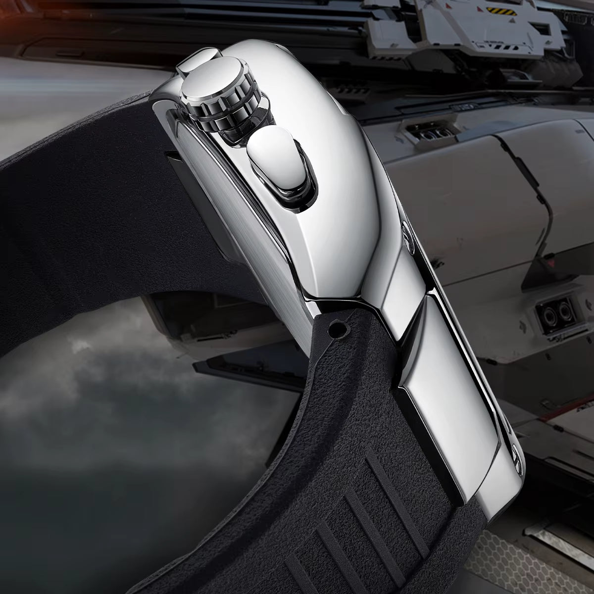 Side profile showing the watch crown, pushers and curved case