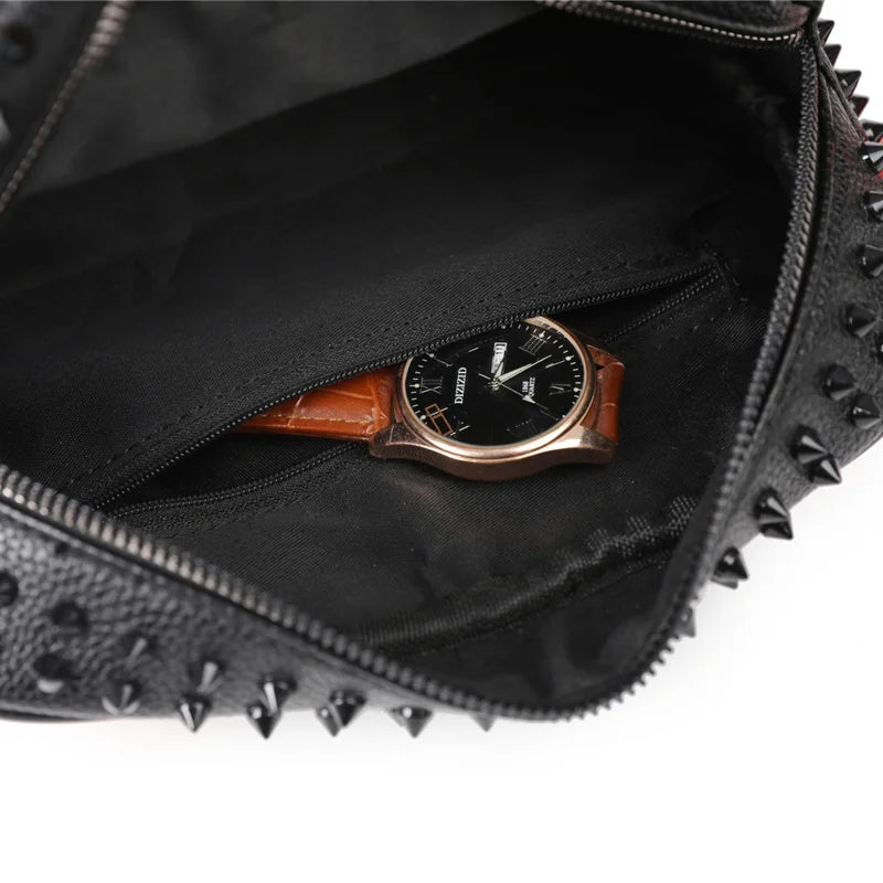 Women’s Punk Rock Studded Clutch Bag – Punk Rivet PU Leather Wristlet Purse, Black Gothic Zipper Handbag & Small Evening Bag