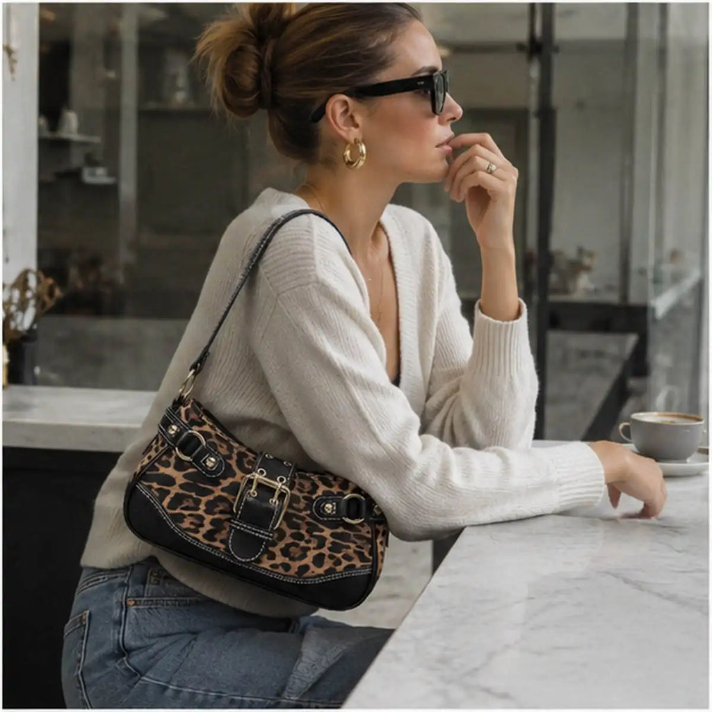 Y2K Leopard Print Underarm Shoulder Bag for Women Retro Buckle Splicing PU Leather Baguette Handbag Trendy Ladies Street Hobo Purse Daily Party