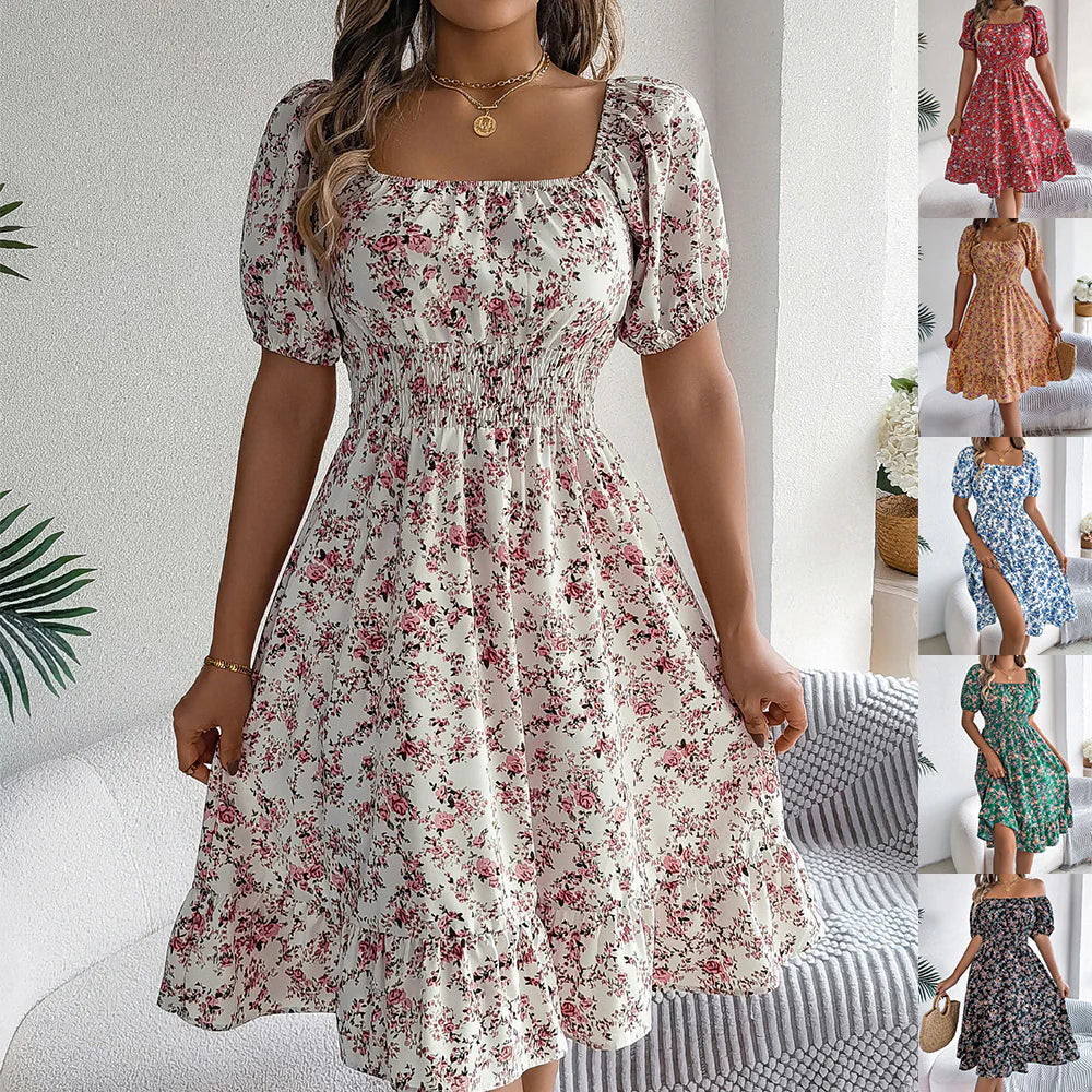 Meadow Muse White floral square-neck midi dress with puff sleeves