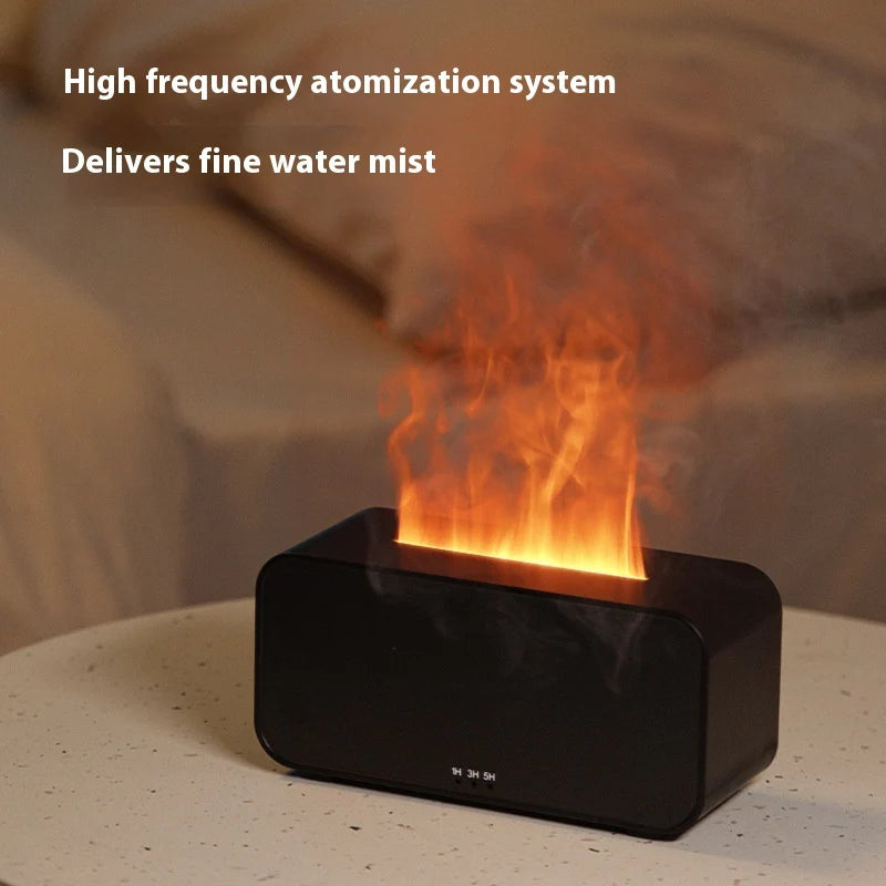 Orange illuminated mist rising from a black aroma diffuser