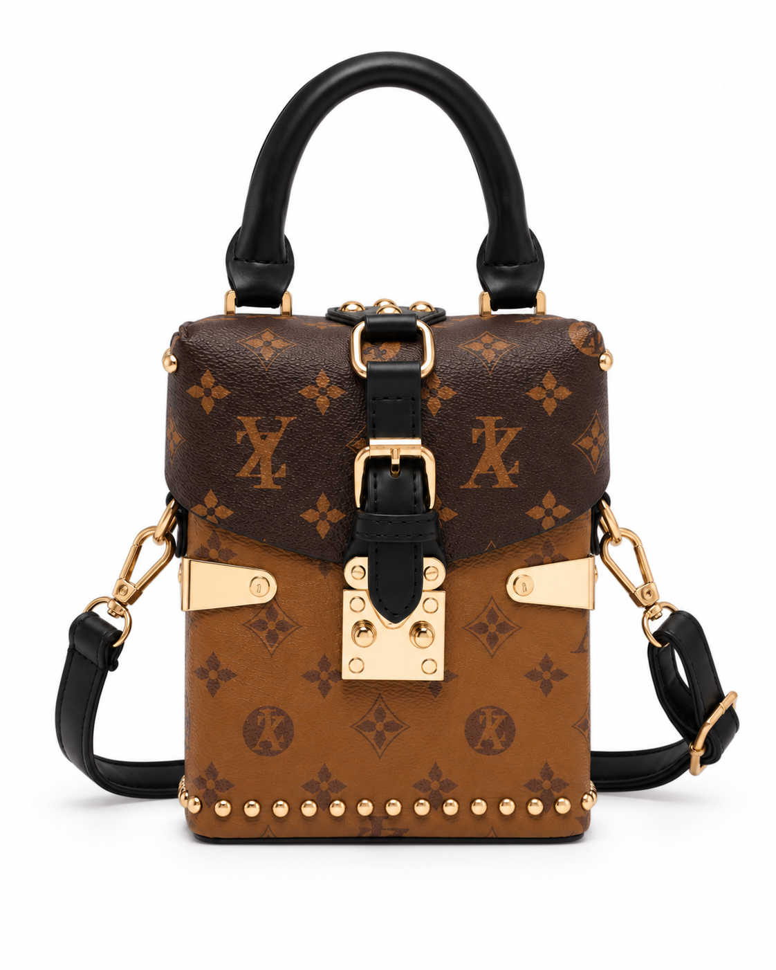 Vintage Monogram Mini Box Phone Bag for Women – Buckle Top Handle Crossbody Purse with Adjustable Shoulder Strap