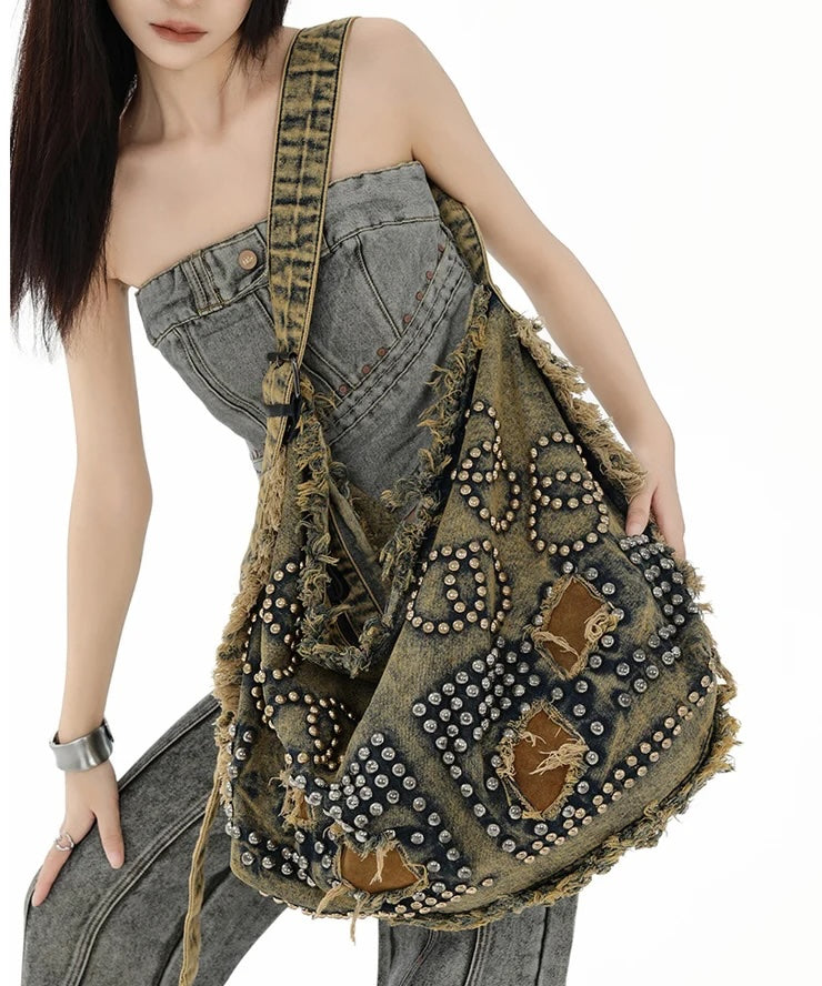 Vintage Distressed Denim Hobo Bag for Women – Large Capacity Studded Shoulder Bag, Y2K Boho Crossbody Tote