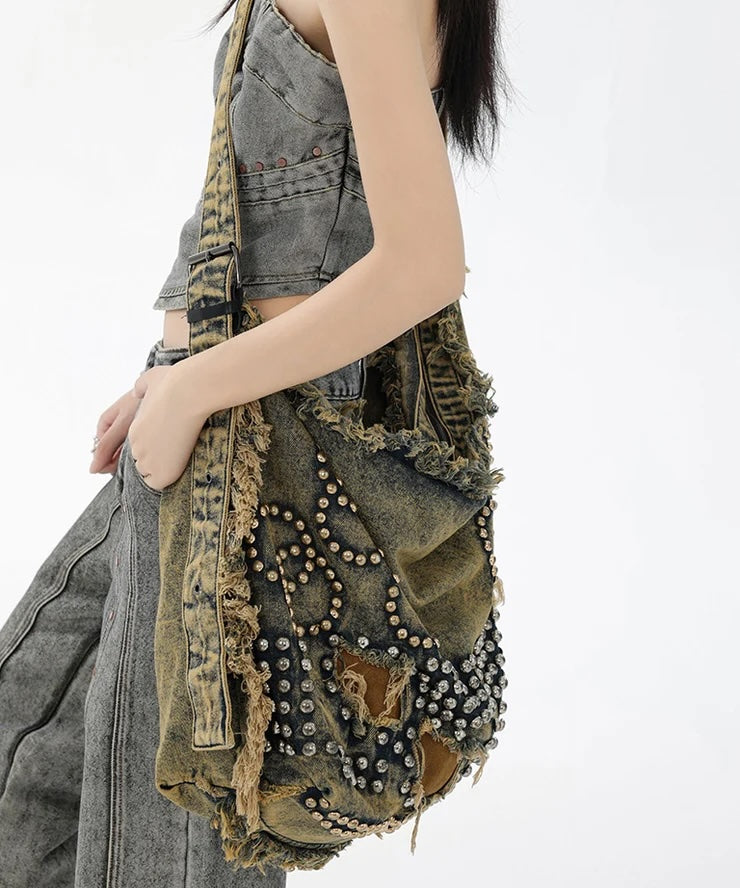 Vintage Distressed Denim Hobo Bag for Women – Large Capacity Studded Shoulder Bag, Y2K Boho Crossbody Tote