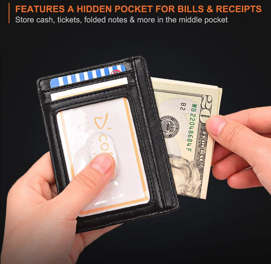Center pocket holding folded cash and receipts