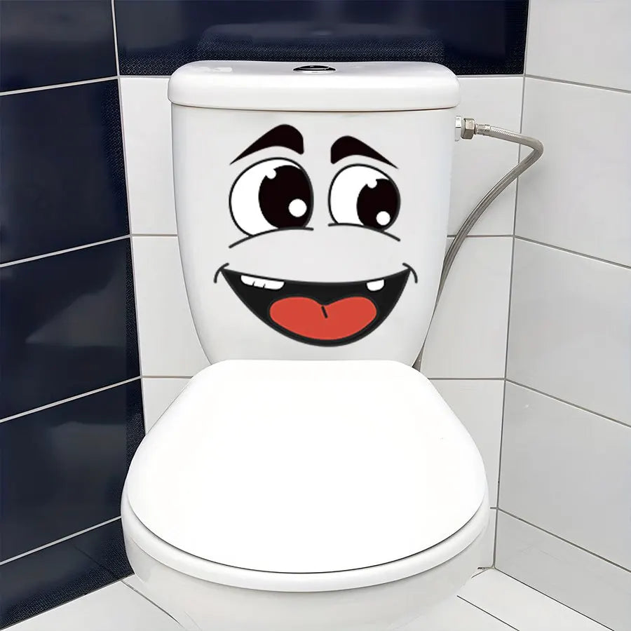 Smiling cartoon face stickers on a toilet tank