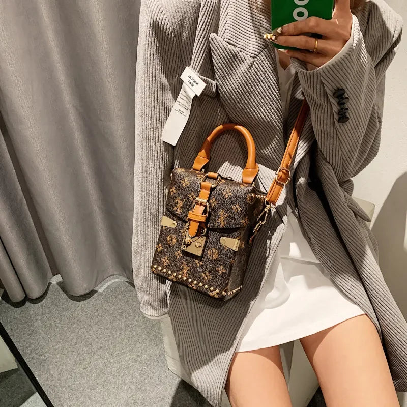Vintage Monogram Mini Box Phone Bag for Women – Buckle Top Handle Crossbody Purse with Adjustable Shoulder Strap