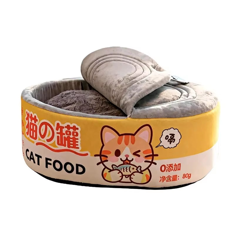 Yellow canned-food cat bed with soft gray lid and interior