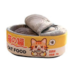Yellow canned-food cat bed with soft gray lid and interior