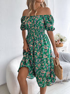 Meadow Muse Green floral dress with ruffle hem
