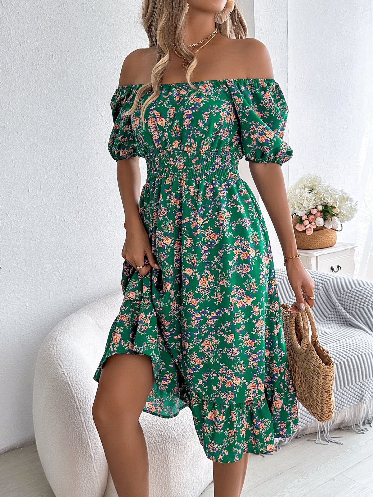Meadow Muse Green floral dress with ruffle hem