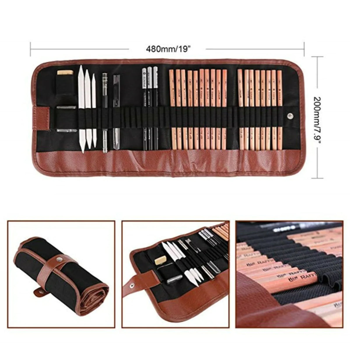 SketchLab 29 drawing kit with graphite pencils, charcoal pencils, blending tools and roll-up case