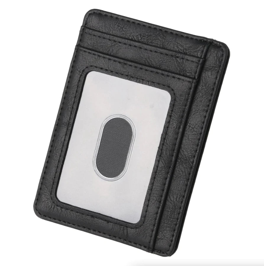 Clear ID window on the back of a black cardholder