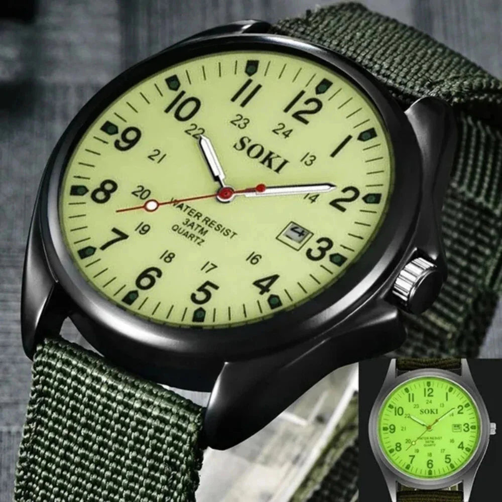 Rugged Field Watch – MilitaryInspired Quartz Watch with Date Display - 24 Hours Dial - Nylon Strap Wrist Watch