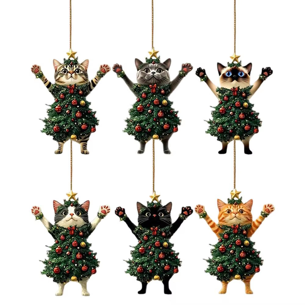 Six flat wooden cat Christmas ornaments with hanging cords
