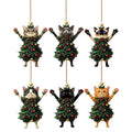 Six flat wooden cat Christmas ornaments with hanging cords
