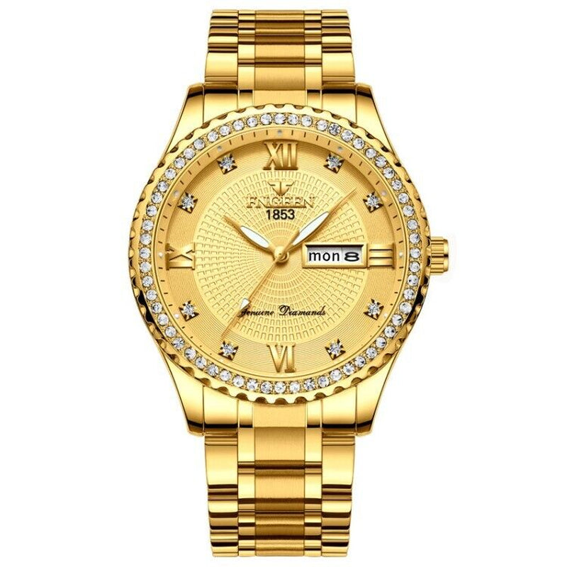 Men’s Luxury Gold Stainless Steel Quartz Watch – Luminous Day Date Dress Watch, Diamond Bezel Look, 41mm Business Casual Wristwatch