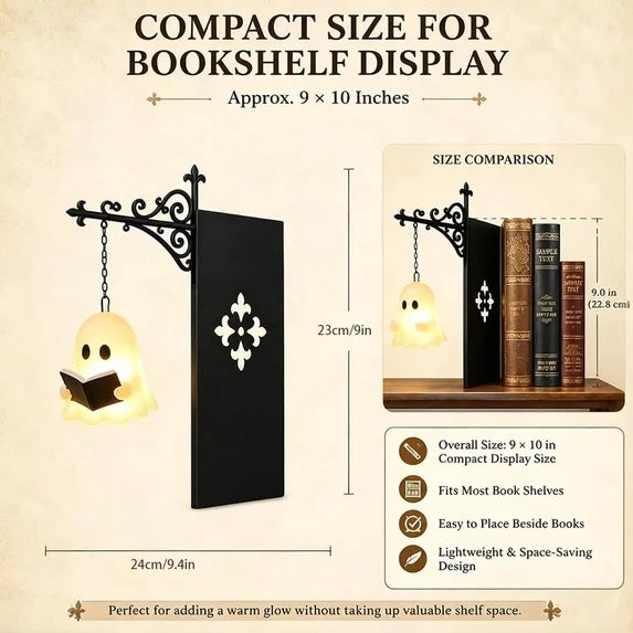 A product infographic showing a compact black wall-mounted bookshelf with an ornate bracket, a hanging ghost-shaped light that reads a book, and a size comparison inset. Text at the top reads 'COMPACT SIZE FOR BOOKSHELF DISPLAY' and notes dimensions approximately 9 x 10 inches.