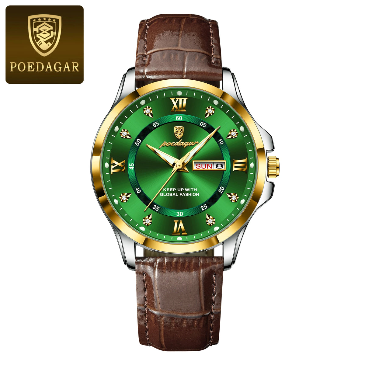 POEDAGAR 855 gold case green dial leather quartz watch