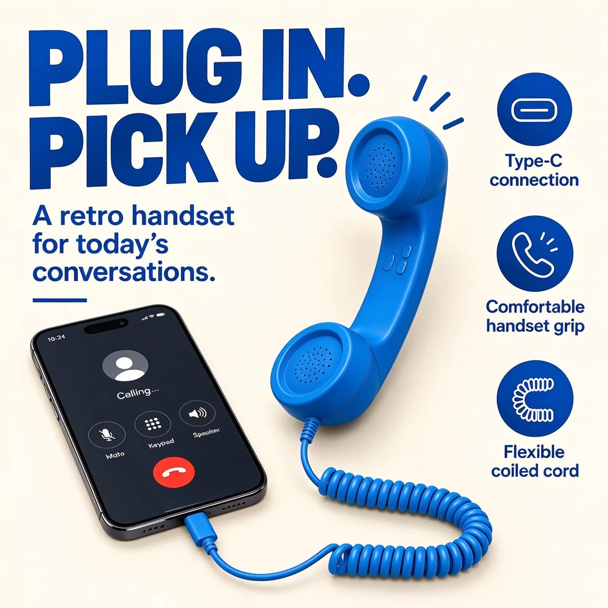 Blue retro handset with USB-C plug and coiled cord