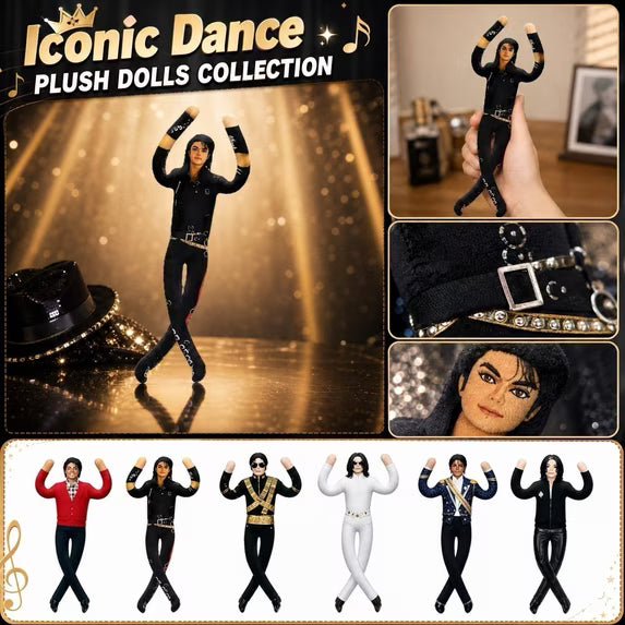 A collage showing a Michael Jackson-inspired plush doll in multiple poses and outfits, with a large main photo, close-up detail panels, and smaller alternate outfit versions along the bottom. Text at the top reads 'Iconic Dance Plush Dolls Collection.