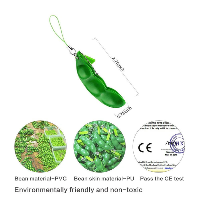 2Pcs Peapod  Bag Charm Fidget Toy Squeeze a Bean Edamame Pea Keychain Keyring