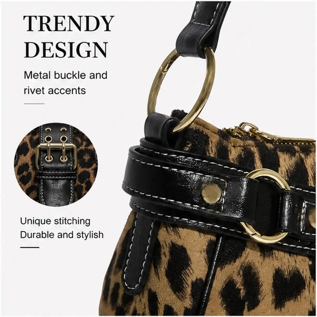 Y2K Leopard Print Underarm Shoulder Bag for Women Retro Buckle Splicing PU Leather Baguette Handbag Trendy Ladies Street Hobo Purse Daily Party