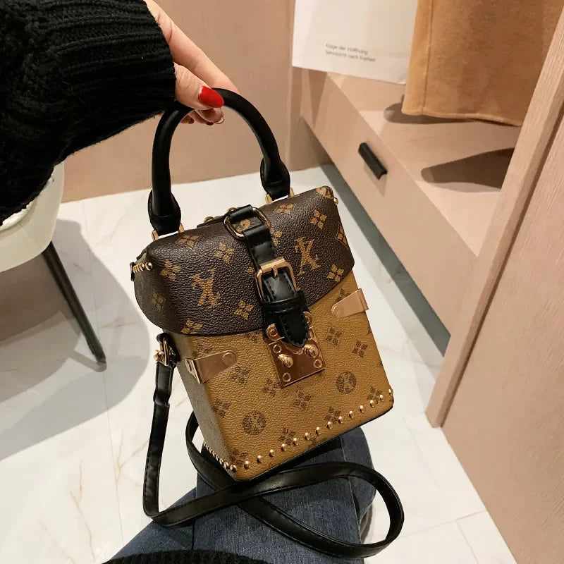 Vintage Monogram Mini Box Phone Bag for Women – Buckle Top Handle Crossbody Purse with Adjustable Shoulder Strap