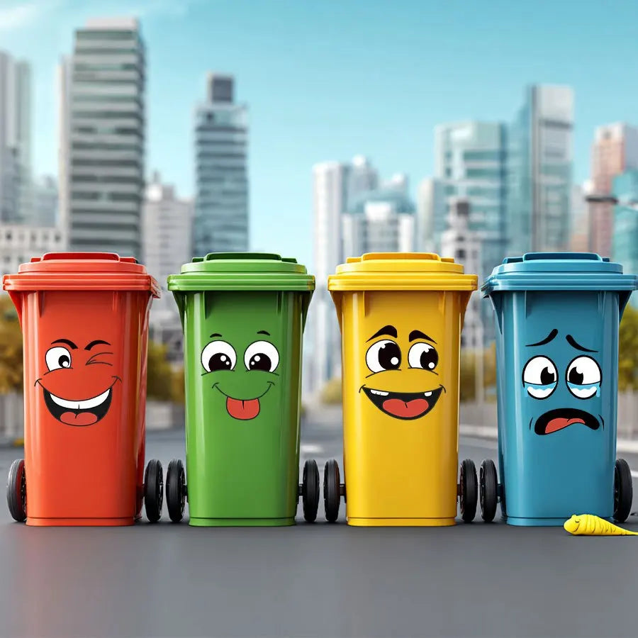 Cartoon face sticker decoration ideas on wheeled bins