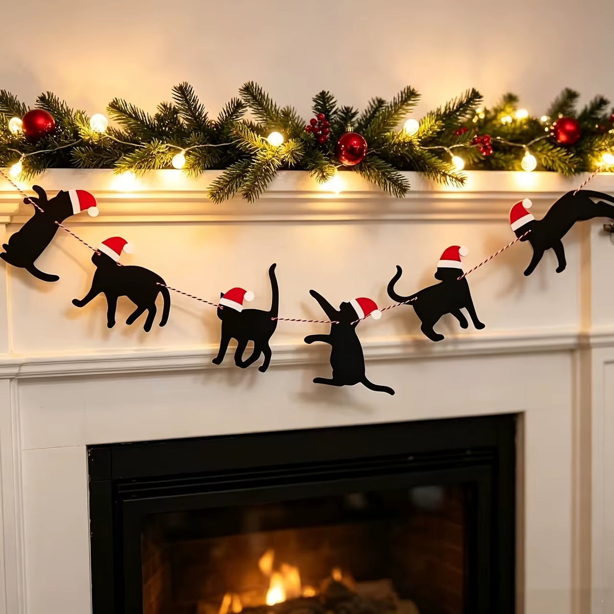 Santa Paws cat banner styled below a festive mantel