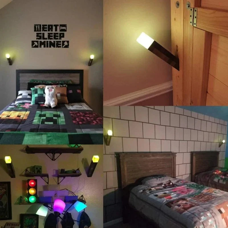 Pixel torch wall accent in a gaming room