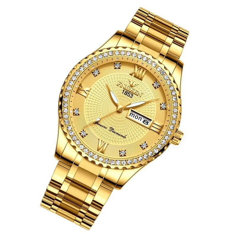 Men’s Luxury Gold Stainless Steel Quartz Watch – Luminous Day Date Dress Watch, Diamond Bezel Look, 41mm Business Casual Wristwatch