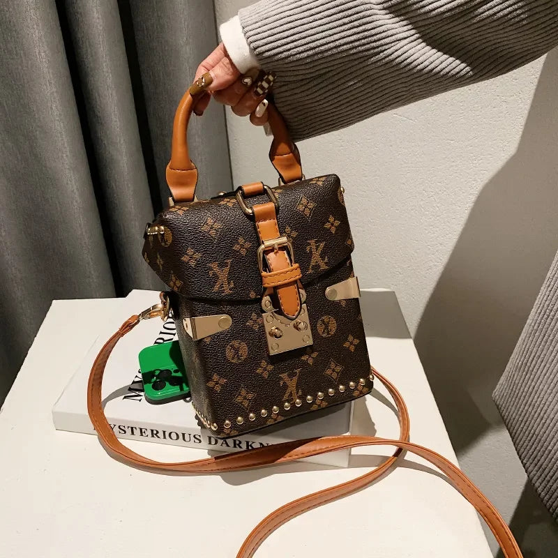 Vintage Monogram Mini Box Phone Bag for Women – Buckle Top Handle Crossbody Purse with Adjustable Shoulder Strap