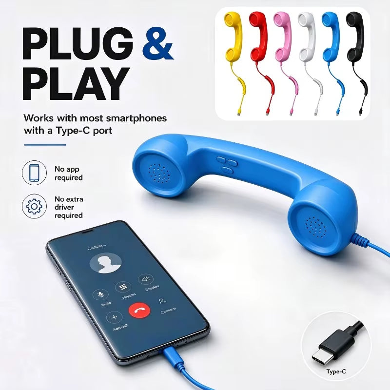 Blue retro handset with USB-C connection and color options