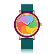 Green PrismLoop rotating rainbow dial quartz watch