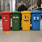 Four cartoon faces applied to colorful outdoor bins; bins not included