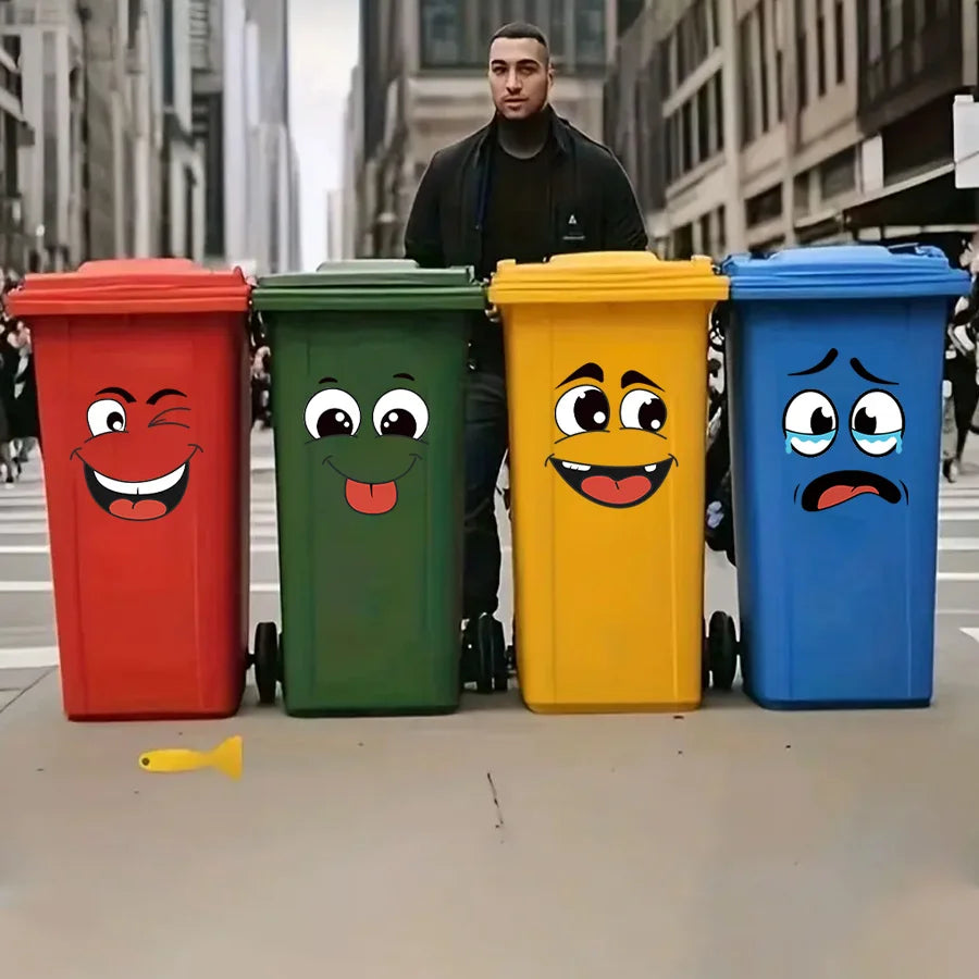 Four cartoon faces applied to colorful outdoor bins; bins not included