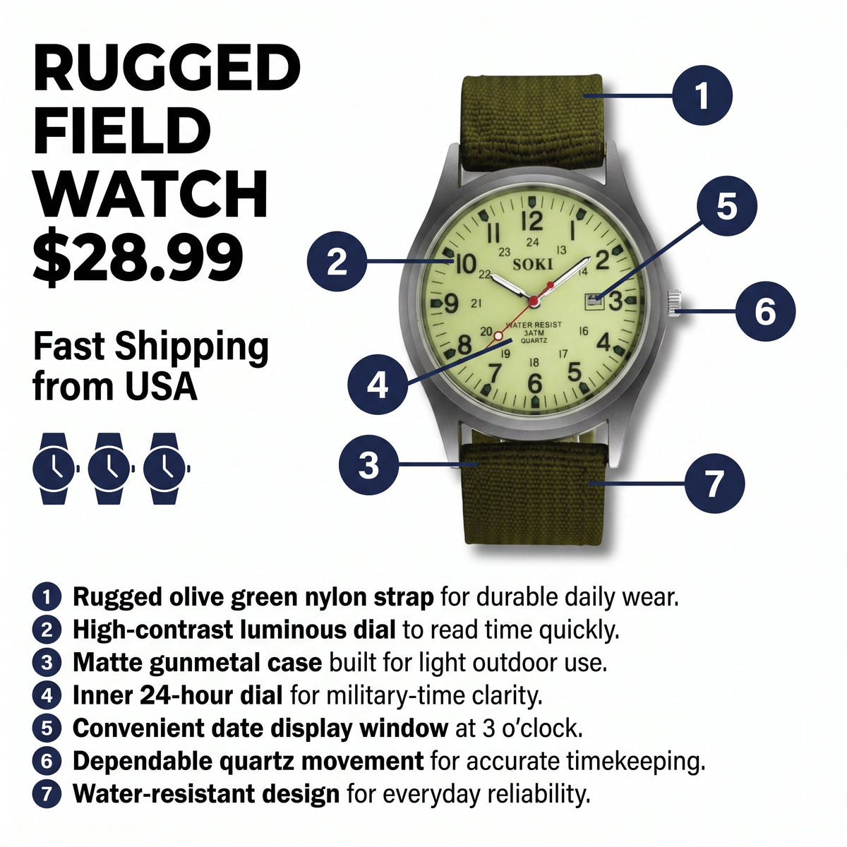 Rugged Field Watch – Military Inspired Quartz Watch with Date Display - 24 Hours Dial - Nylon Strap Wrist Watch