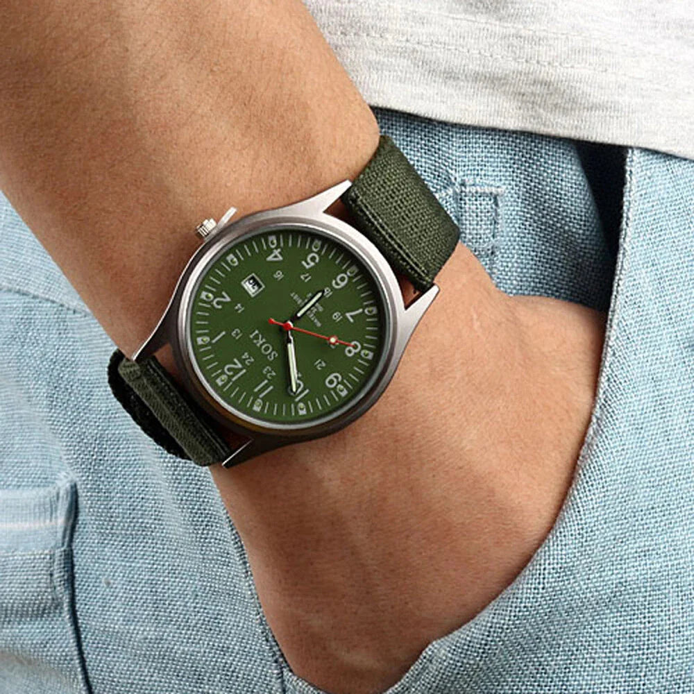 Rugged Field Watch – MilitaryInspired Quartz Watch with Date Display - 24 Hours Dial - Nylon Strap Wrist Watch