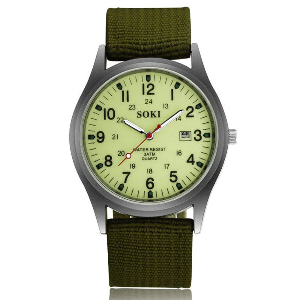 Rugged Field Watch – MilitaryInspired Quartz Watch with Date Display - 24 Hours Dial - Nylon Strap Wrist Watch